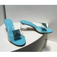 Sumptuous Valentino One Stud PVC Heel Slide Sandals with Crystals and Clear Heel 4.5cm Light Blue 027052