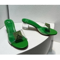 Reasonable Price Valentino One Stud PVC Heel Slide Sandals with Crystals and Clear Heel 4.5cm Green 027056