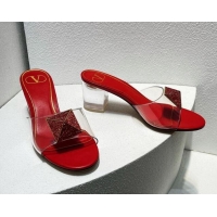 Duplicate Valentino One Stud PVC Heel Slide Sandals with Crystals and Clear Heel 4.5cm Red 027057