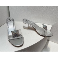 Best Price Valentino One Stud PVC Heel Slide Sandals with Crystals and Clear Heel 4.5cm Silver 027059