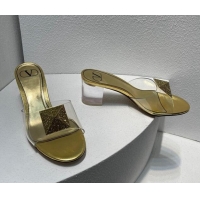 Stylish Valentino One Stud PVC Heel Slide Sandals with Crystals and Clear Heel 4.5cm Gold 027060