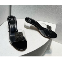 Discount Valentino One Stud PVC Heel Slide Sandals with Crystals and Clear Heel 4.5cm Black 027063