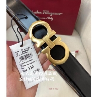 Buy Fashionable Ferragamo Gancini Shiny Calfskin Belt 3.5cm 030901 Black/Matte Gold