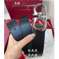 Inexpensive Ferragamo Gancini Palm-Grained Calfskin Belt 3.5cm 030902 Black/Metal Grey