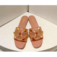 Best Price Valentino Roman Stud Flat Slide Sandals in Leather-Quilted Mesh Light Pink 027064