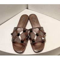 Purchase Valentino Roman Stud Flat Slide Sandals in Leather-Quilted Mesh Metallic Grey 027065