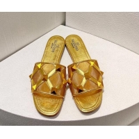 Perfect Valentino Roman Stud Flat Slide Sandals in Leather-Quilted Mesh Gold 027067