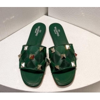 Best Quality Valentino Roman Stud Flat Slide Sandals in Leather-Quilted Mesh Dark Green 027068