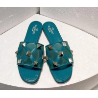 Good Quality Valentino Roman Stud Flat Slide Sandals in Leather-Quilted Mesh Blue 1027069