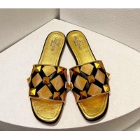 New Style Valentino Roman Stud Flat Slide Sandals in Leather-Quilted Mesh Black/Gold 1027071