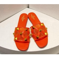 Cheap Design Valentino Roman Stud Flat Slide Sandals in Leather-Quilted Mesh Orange 027074