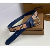 ​Grade Design Burberry Check Canvas Belt 3.5cm 110621 Navy Blue Leather/Silver