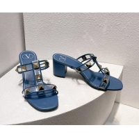 Design Discount Valentino Roman Stud Heel Slide Sandals in Leather and PVC Blue 027081