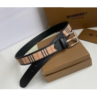 Promotional Burberry Check Canvas Belt 3.5cm 110623 Black Leather/Silver