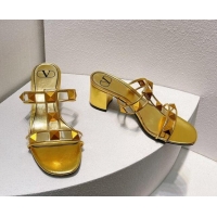 Promotion Valentino Roman Stud Heel Slide Sandals in Leather and PVC Gold 027086