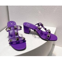 Charming Valentino Roman Stud Heel Slide Sandals in Leather and PVC Dark Purple 027087