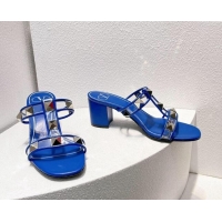 Classic Practical Valentino Roman Stud Heel Slide Sandals in Leather and PVC Blue 027089