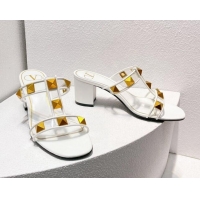 Grade Quality Valentino Roman Stud Heel Slide Sandals in Leather and PVC White 027092