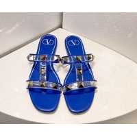 Best Grade Valentino Roman Stud Flat Slide Sandals in Leather and PVC Blue 027094