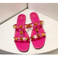 Low Cost Valentino Roman Stud Flat Slide Sandals in Leather and PVC Dark Pink 027095