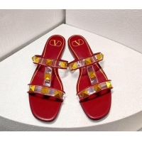 Discount Valentino Roman Stud Flat Slide Sandals in Leather and PVC Burgund 027097