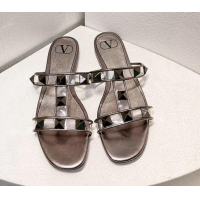 Low Price Valentino Roman Stud Flat Slide Sandals in Leather and PVC Metallic Grey 027100