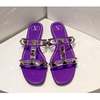 Good Quality Valentino Roman Stud Flat Slide Sandals in Leather and PVC Purple 1027103