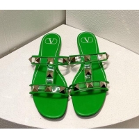 Best Product Valentino Roman Stud Flat Slide Sandals in Leather and PVC Green 1027104