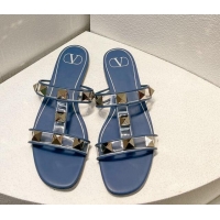 Durable Valentino Roman Stud Flat Slide Sandals in Leather and PVC Blue 027105