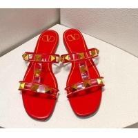 Good Looking Valentino Roman Stud Flat Slide Sandals in Leather and PVC Red 027106