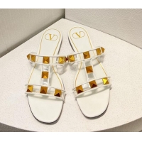 Good Product Valentino Roman Stud Flat Slide Sandals in Leather and PVC White 027107