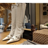 Sophisticated Balenciaga Cagole High Boots 9cm in Crocodile Embossed Leather White 104072