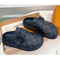 Duplicate Louis Vuitton Cosy Flat Comfort Clog Mules with LV Strap in Monogram Canvas Black 912027