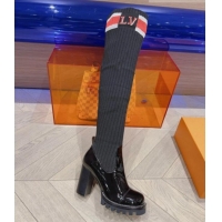 Charming Louis Vuitton Platform High Boots 9cm in Knit and Patent Leather Black/Red 912030