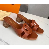 Good Product Louis Vuitton LV Isola Leather Heel Slide Sandals 4.5cm Dark Brown 915087