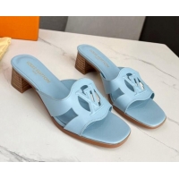 Grade Quality Louis Vuitton LV Isola Leather Heel Slide Sandals 4.5cm Light Blue 915088