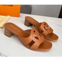 Sumptuous Louis Vuitton LV Isola Leather Heel Slide Sandals 4.5cm with LV Circle Tan Brown 918047