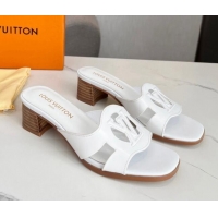 Durable Louis Vuitton LV Isola Leather Heel Slide Sandals 4.5cm with LV Circle White 918048