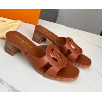 Super Quality Louis Vuitton LV Isola Leather Heel Slide Sandals 4.5cm with LV Circle Dark Brown 918049