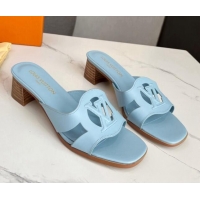 Best Product Louis Vuitton LV Isola Leather Heel Slide Sandals 4.5cm with LV Circle Light Blue 918050