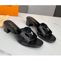 Charming Louis Vuitton LV Isola Leather Heel Slide Sandals 4.5cm with LV Circle Black 918052