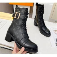 Cheap Price Louis Vuitton Monogram Canvas Ankle Boots 5cm with Buckle Strap and Studs Black 012110