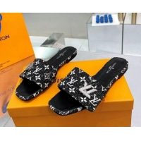 Luxurious Louis Vuitton Shake Flat Slide Sandals in Monogram Textile and Crystals Black 012160