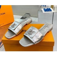 Charming Louis Vuitton Monogram Leather Flat Slide Sandals with Foldover Crystals LV Silver 013001