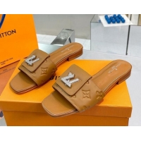 Comfortable Louis Vuitton Monogram Leather Flat Slide Sandals with Foldover Crystals LV Brown 013003