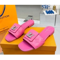 Good Quality Louis Vuitton Monogram Leather Flat Slide Sandals with Foldover Crystals LV Dark Pink 013004