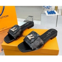 Best Louis Vuitton Monogram Canvas Flat Slide Sandals with Foldover Crystals LV Black 1013007