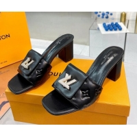 Popular Style Louis Vuitton Monogram Leather Heel Slide Sandals with Foldover Crystals LV Black 013012