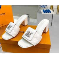 Best Luxury Louis Vuitton Monogram Leather Heel Slide Sandals with Foldover Crystals LV White 1013013