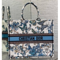 Top Quality LARGE DIOR BOOK TOTE White and Pastel Midnight Blue Toile de Jouy Mexico Embroidery M1286ZE